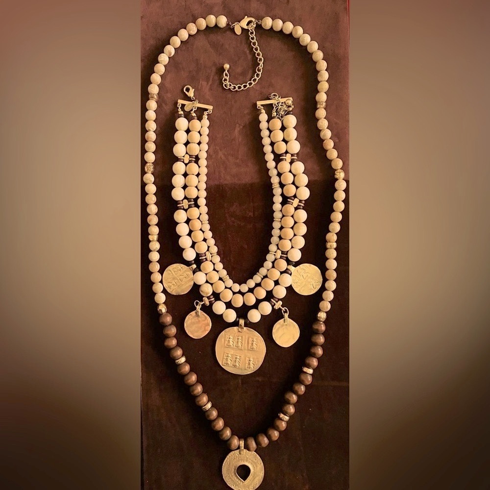 Chicos 2 Multi-Layered necklaces/wooden &  marble Beads/ gold medallions